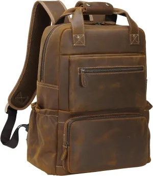 TIDING Men's Vintage Genuine Leather Backpack 17 Inch Laptop Computer Bag Business Travel Rucksack Brown