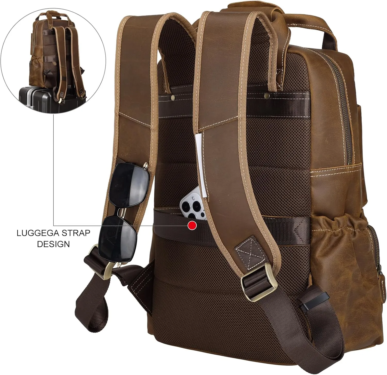 TIDING Men's Vintage Genuine Leather Backpack 17 Inch Laptop Computer Bag Business Travel Rucksack Brown