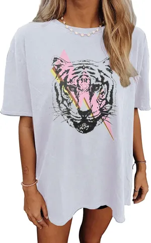 Tiger Printed T Shirt Women Vintage Leopard Tiger Animal Graphic Tees Oversized Country Music Short Sleeve Tops