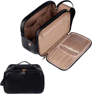 Toiletry Bag, PU Leather Travel Toiletry Organizer, Double Zipper Large Opening Travel Cosmetic Bag, Portable Large Capacity Travel Makeup Bag for Women (Black)