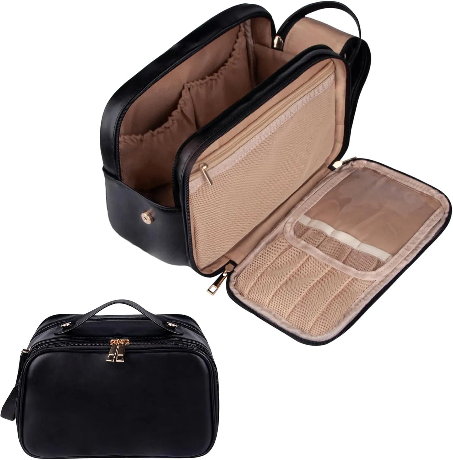 Toiletry Bag, PU Leather Travel Toiletry Organizer, Double Zipper Large Opening Travel Cosmetic Bag, Portable Large Capacity Travel Makeup Bag for Women (Black)