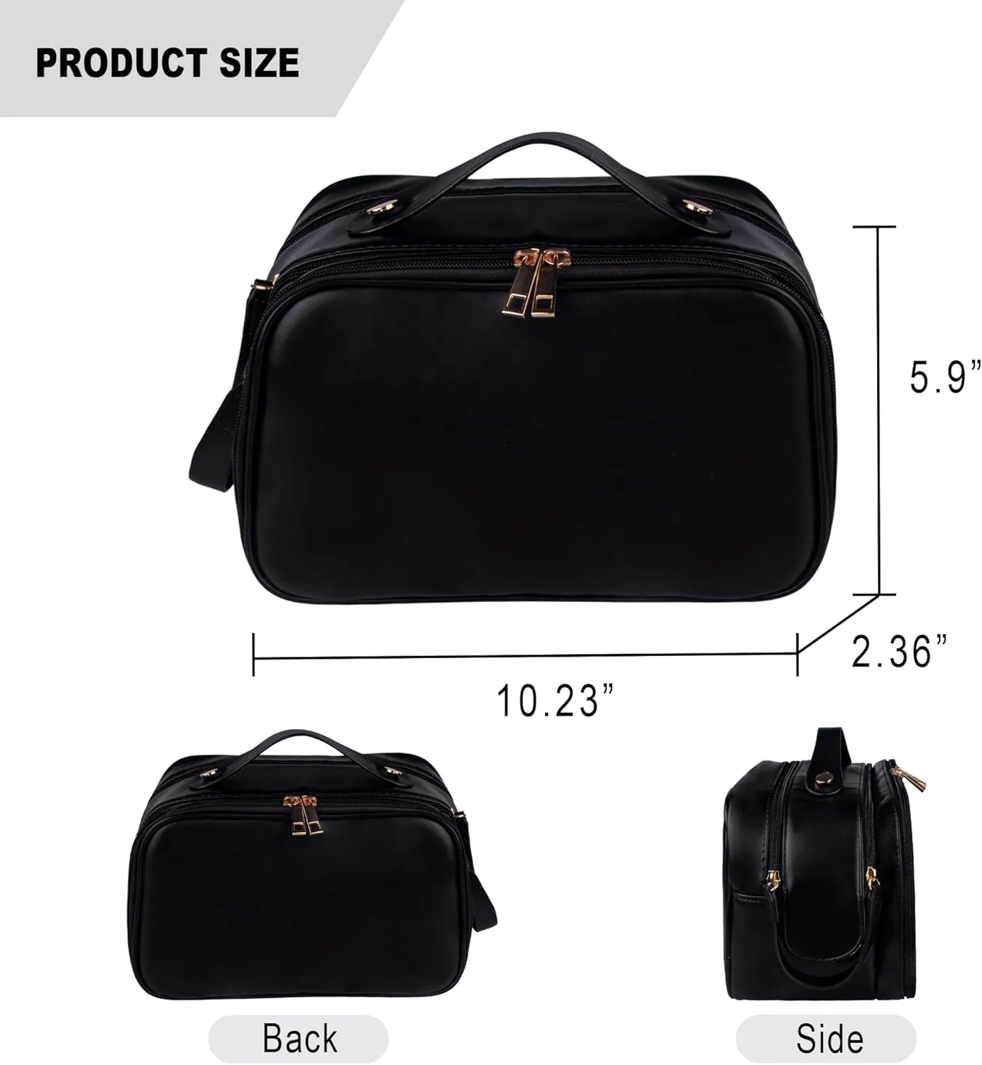 Toiletry Bag, PU Leather Travel Toiletry Organizer, Double Zipper Large Opening Travel Cosmetic Bag, Portable Large Capacity Travel Makeup Bag for Women (Black)
