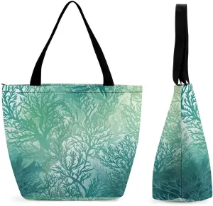 Tote Bag for Women Green Sea Blue Seaweed Printed Large Women Casual Shoulder Bag Reusable Shopping Handbag Grocery Bags for Work Travel