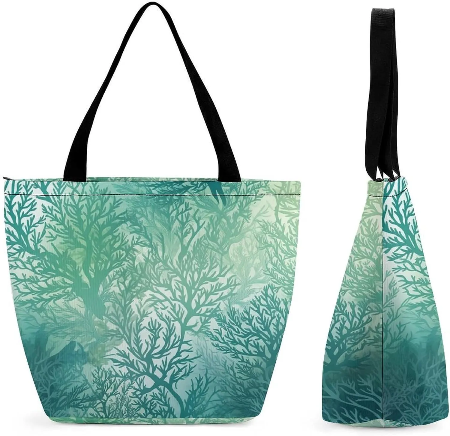Tote Bag for Women Green Sea Blue Seaweed Printed Large Women Casual Shoulder Bag Reusable Shopping Handbag Grocery Bags for Work Travel