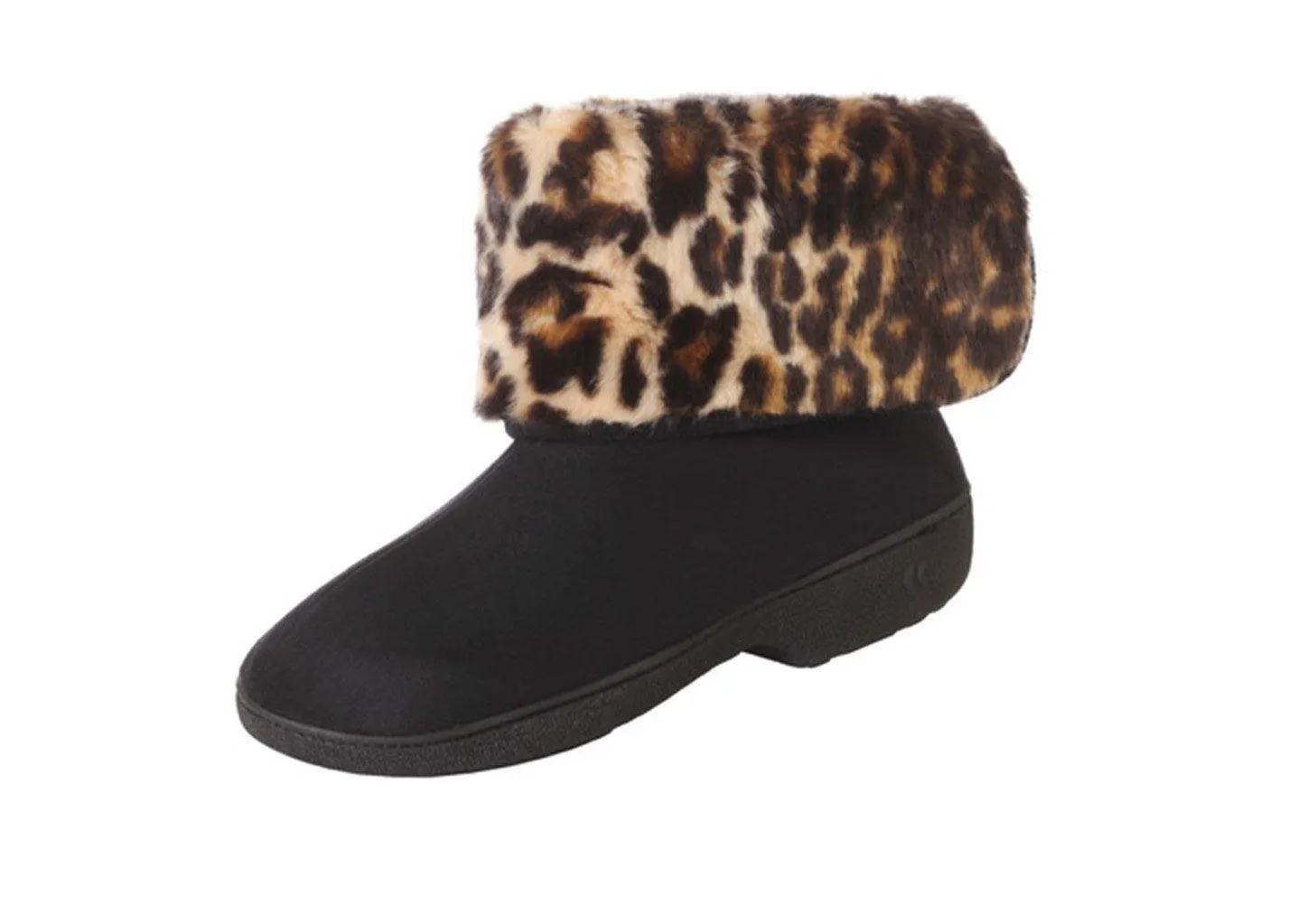 Totes Women's Microsuede Boot Slippers with Cheetah Cuff