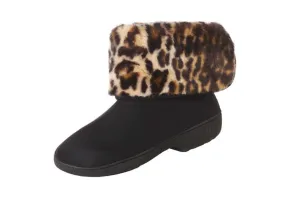 Totes Women's Microsuede Boot Slippers with Cheetah Cuff