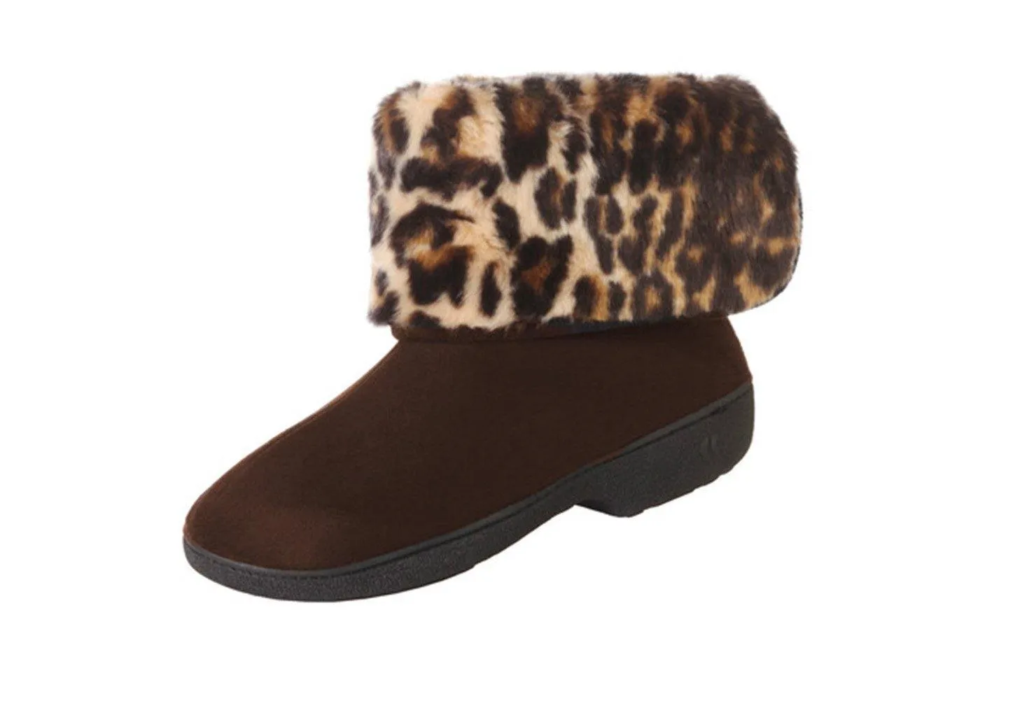 Totes Women's Microsuede Boot Slippers with Cheetah Cuff