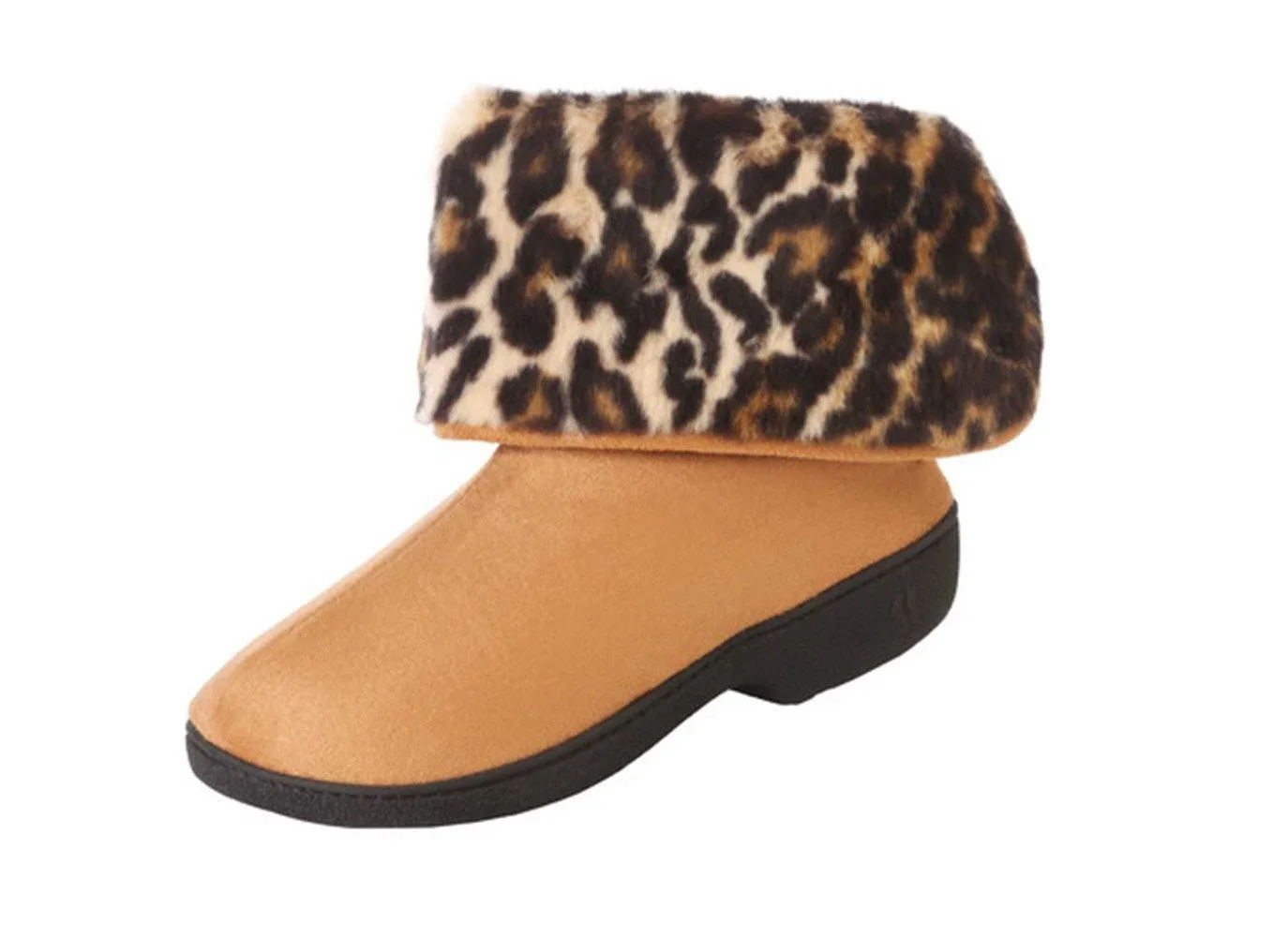 Totes Women's Microsuede Boot Slippers with Cheetah Cuff