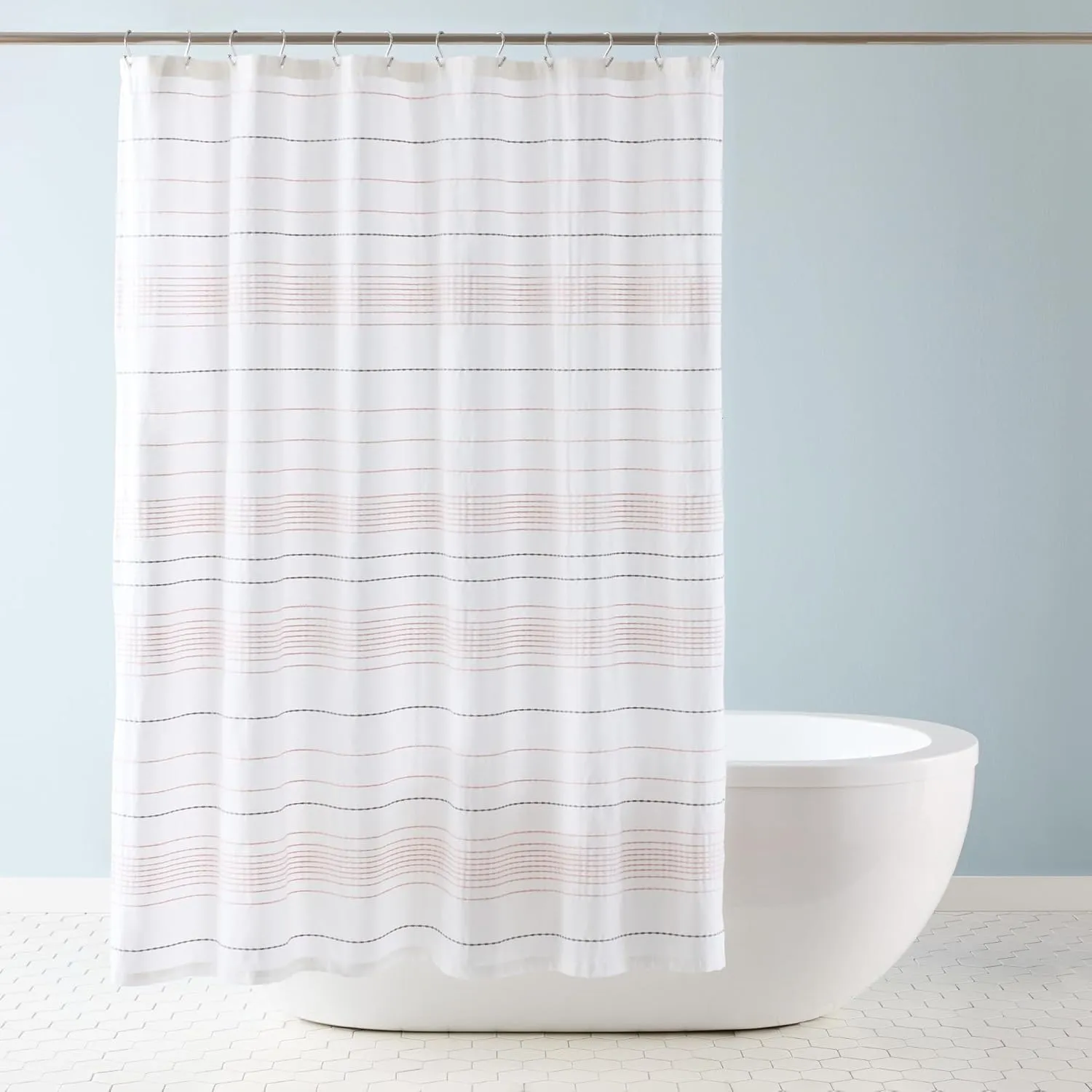 TOWN & COUNTRY EVERYDAY Solana Textured Woven Stripe Cotton-Rich Breathable Fabric Shower Curtain with Reinforced Buttonhole Top Hem, White/Grey/Blush, 70"x72"