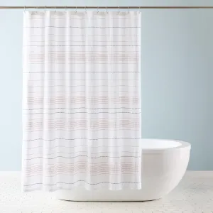 TOWN & COUNTRY EVERYDAY Solana Textured Woven Stripe Cotton-Rich Breathable Fabric Shower Curtain with Reinforced Buttonhole Top Hem, White/Grey/Blush, 70"x72"