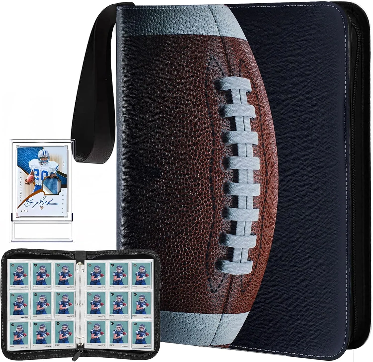 Trading Card Binder with American Football Texture, Sport Card Storage 3D Rings, 60 Sleeve Sheets for 1080 Football Cards, Sports Card Binder, Toploader Binder Grade Card Slab Case
