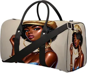 Travel Duffle Bag Black Girl African Sports Gym Bags for Women Men Weekender Overnight Bags Waterproof Carry On Tote Bag Workout Bag for Dance Swimming Yoga Hospital