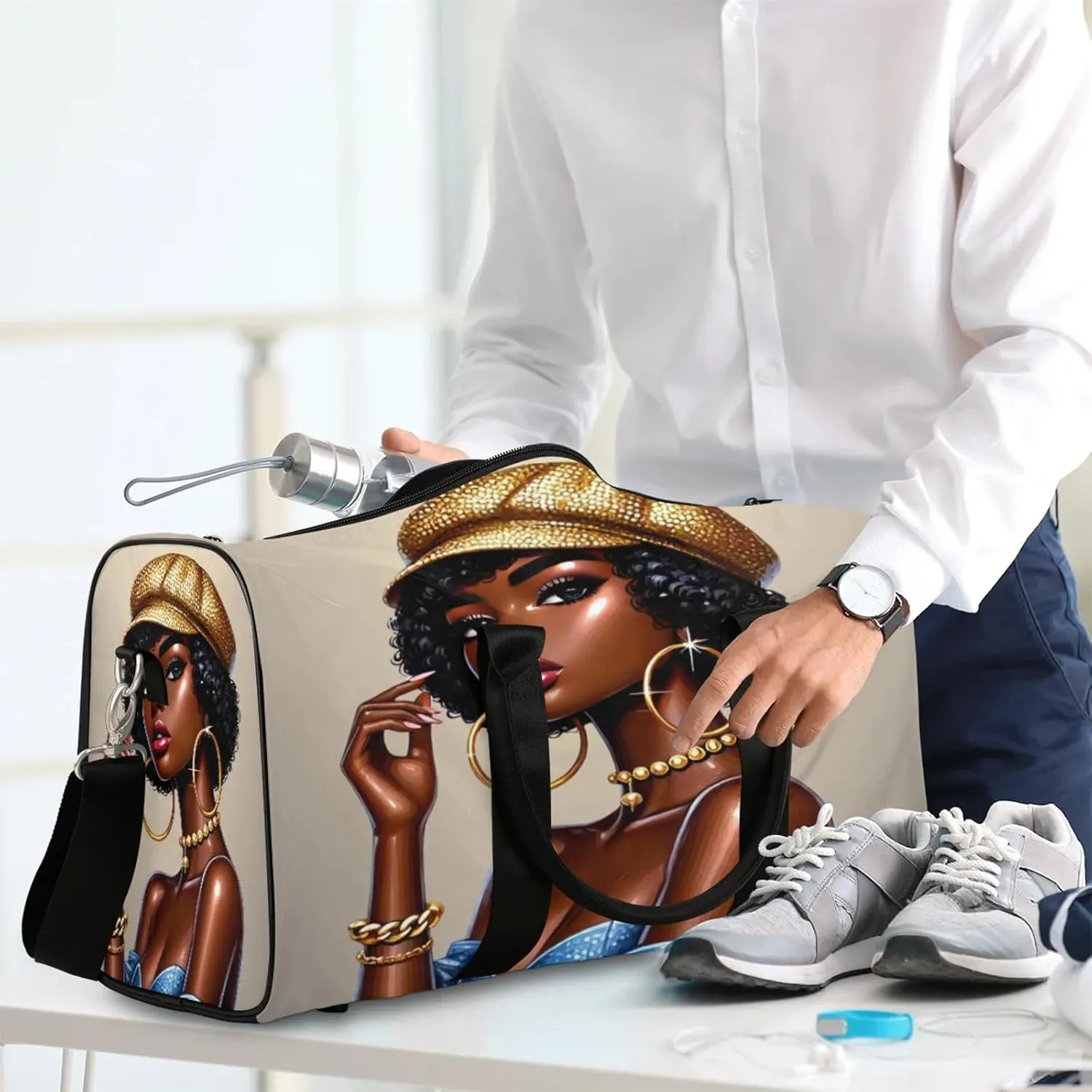 Travel Duffle Bag Black Girl African Sports Gym Bags for Women Men Weekender Overnight Bags Waterproof Carry On Tote Bag Workout Bag for Dance Swimming Yoga Hospital