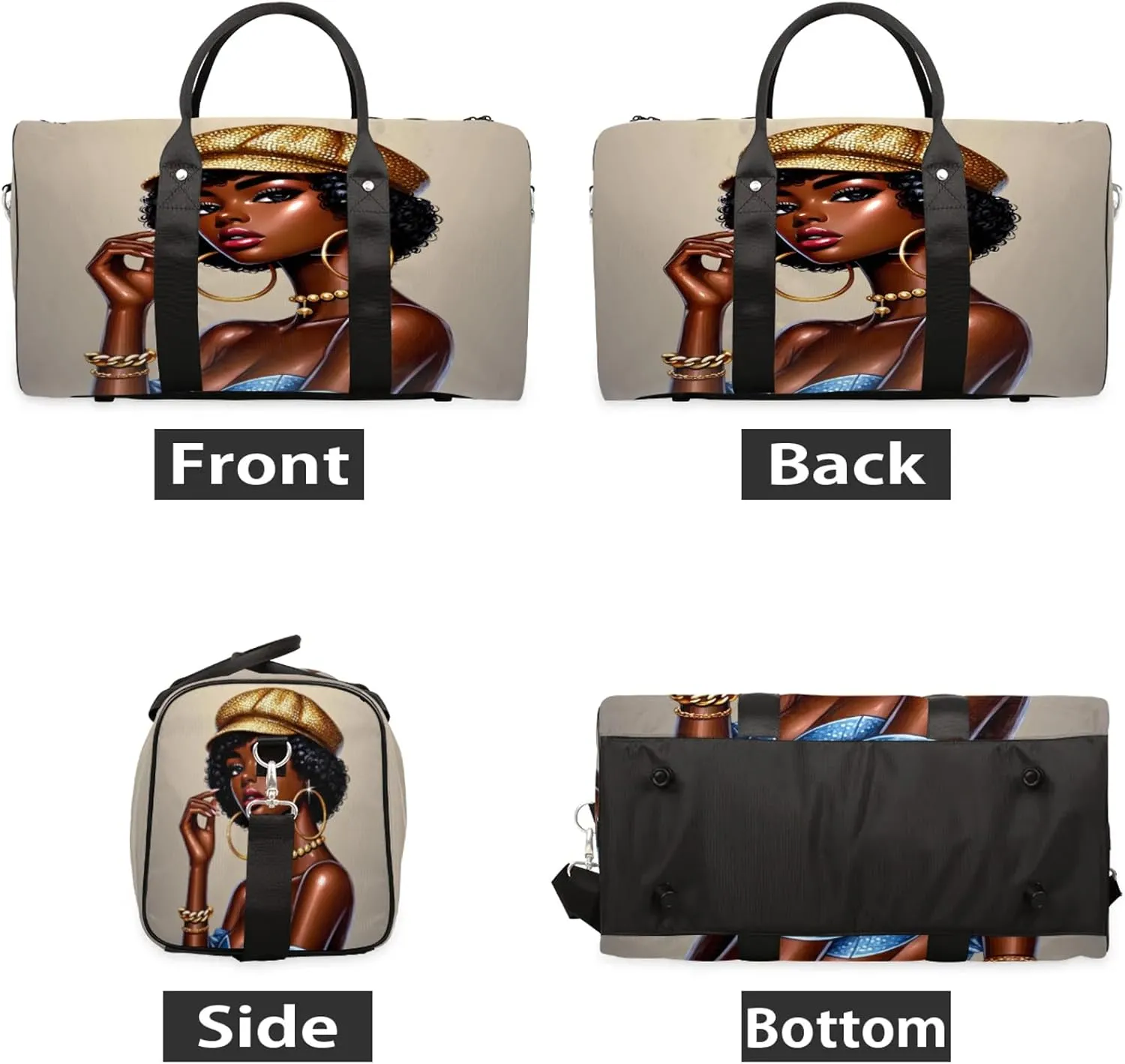 Travel Duffle Bag Black Girl African Sports Gym Bags for Women Men Weekender Overnight Bags Waterproof Carry On Tote Bag Workout Bag for Dance Swimming Yoga Hospital