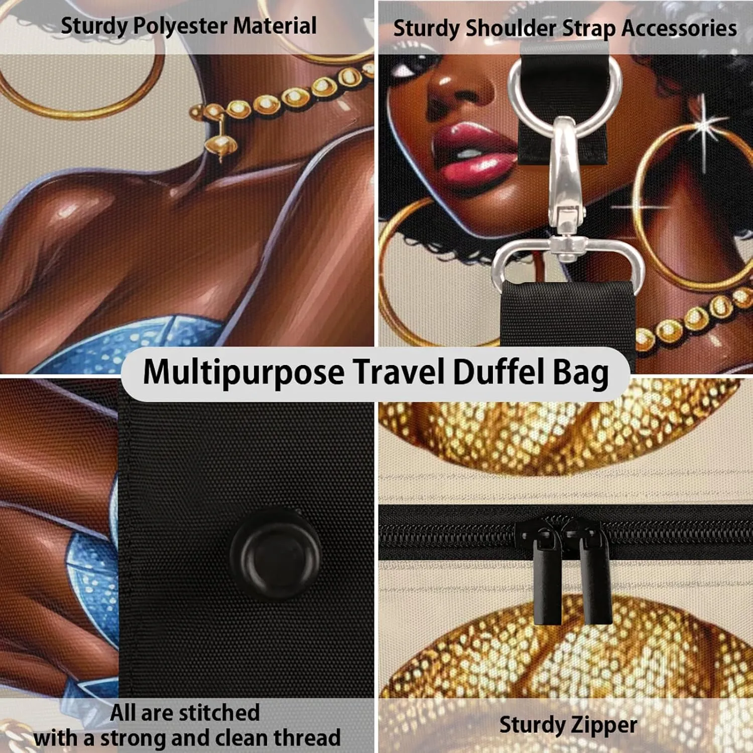 Travel Duffle Bag Black Girl African Sports Gym Bags for Women Men Weekender Overnight Bags Waterproof Carry On Tote Bag Workout Bag for Dance Swimming Yoga Hospital