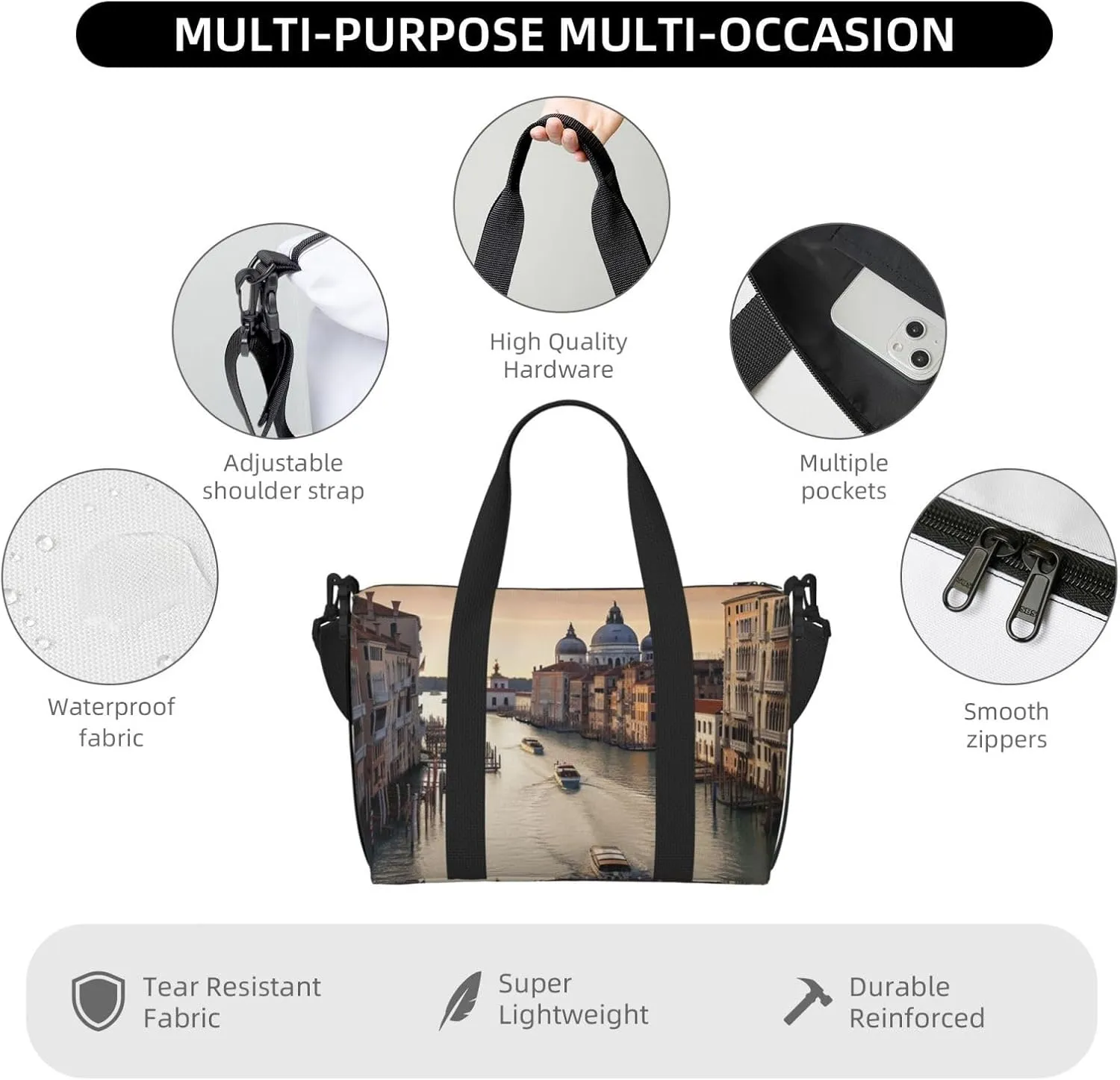 Travel Duffle Bag Weekender Bags for Men Women Adjustable Large Capacity Weekender Overnight Bag Carry On Tote Bags Waterproof Sport Gym Bag for Travel Yoga, Grand Canal, One Size