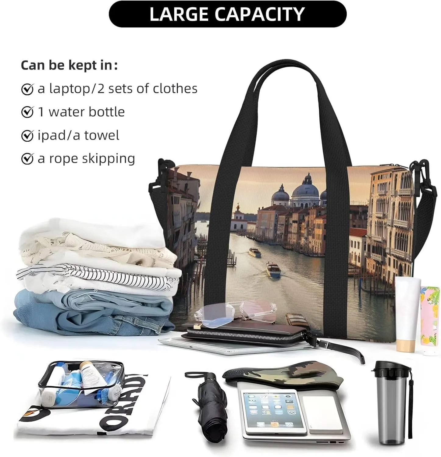 Travel Duffle Bag Weekender Bags for Men Women Adjustable Large Capacity Weekender Overnight Bag Carry On Tote Bags Waterproof Sport Gym Bag for Travel Yoga, Grand Canal, One Size