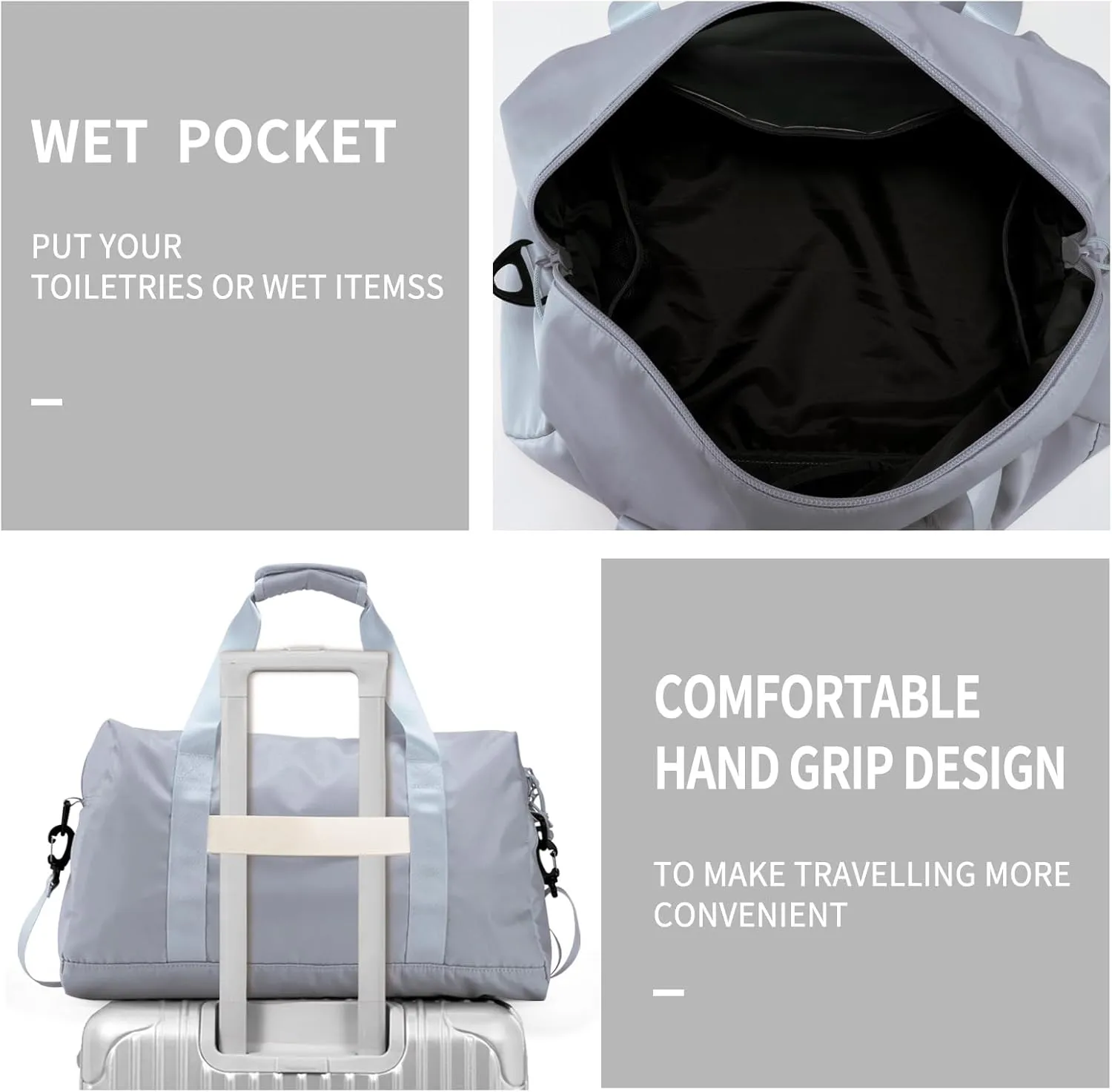 Travel Duffle Bag,Sport Gym Bag for Men And Women with Wet Pocket,Weekender Bag Carry On Tote Bags for Airplane Light Grey