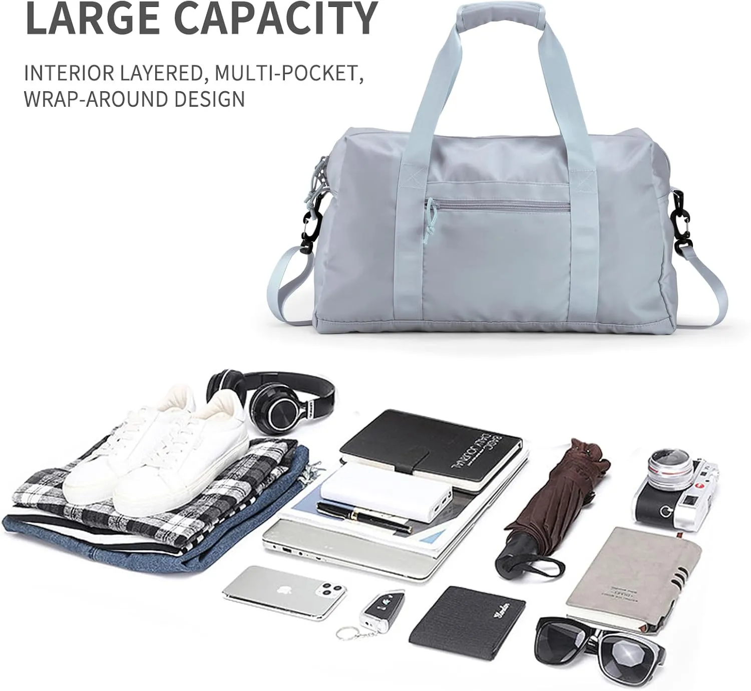 Travel Duffle Bag,Sport Gym Bag for Men And Women with Wet Pocket,Weekender Bag Carry On Tote Bags for Airplane Light Grey