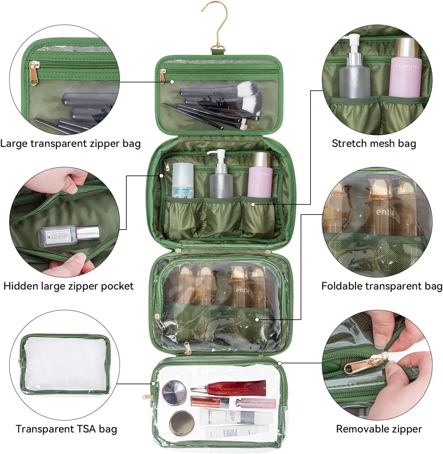 Travel essential, Travel Toiletry Bag, Make-up Bag, Stainless Steel Hook, Water Resistant, Debossed Logo - Pearly Pink, Coral Red, Anemone Green, Urchin Black, Stingray Blue (Anemone Green)
