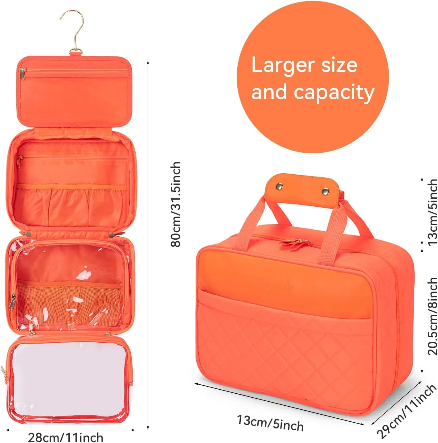 Travel essential, Travel Toiletry Bag, Make-up Bag, Stainless Steel Hook, Water Resistant, Debossed Logo - Pearly Pink, Coral Red, Anemone Green, Urchin Black, Stingray Blue (Coral Red)