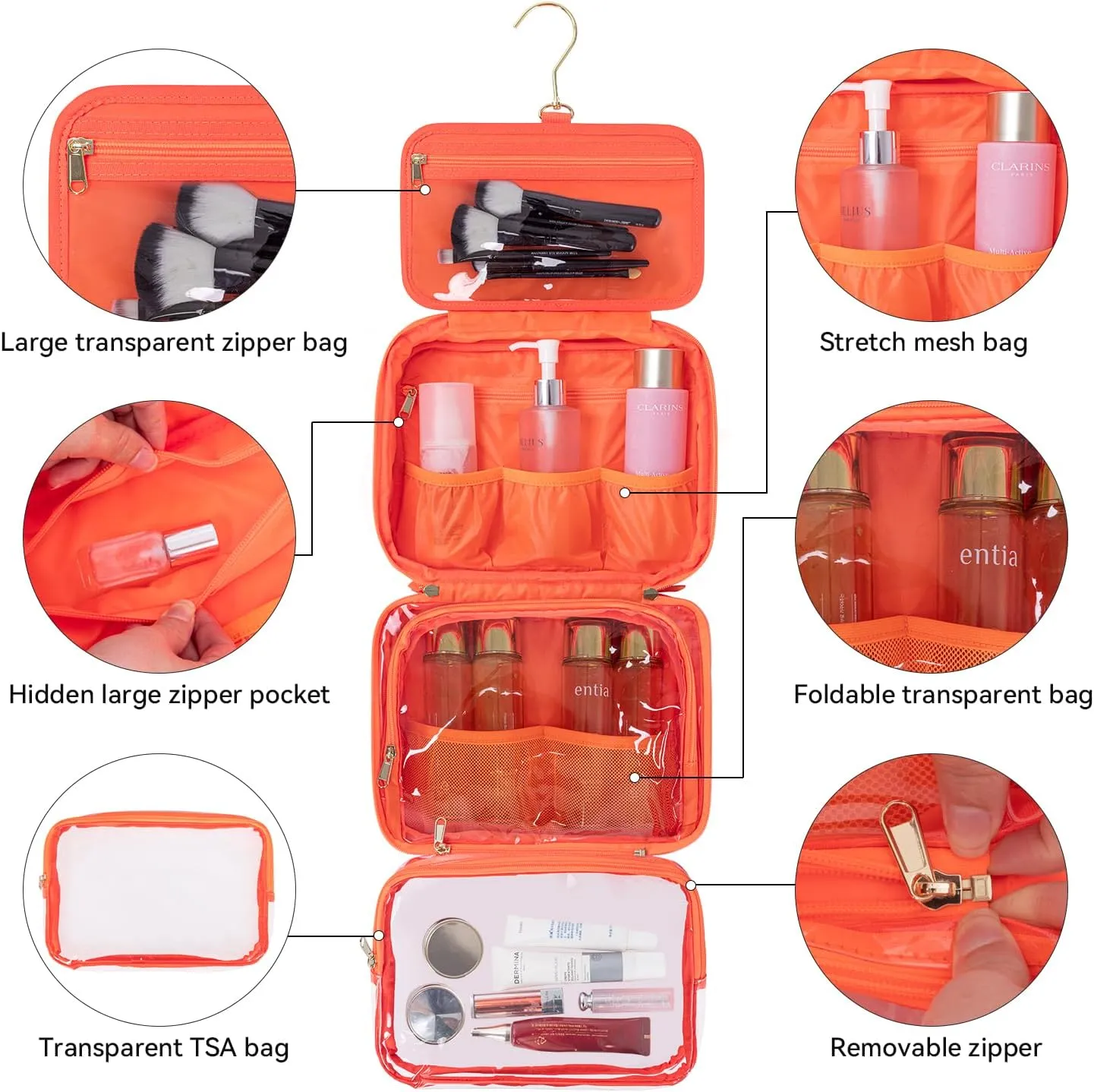 Travel essential, Travel Toiletry Bag, Make-up Bag, Stainless Steel Hook, Water Resistant, Debossed Logo - Pearly Pink, Coral Red, Anemone Green, Urchin Black, Stingray Blue (Coral Red)