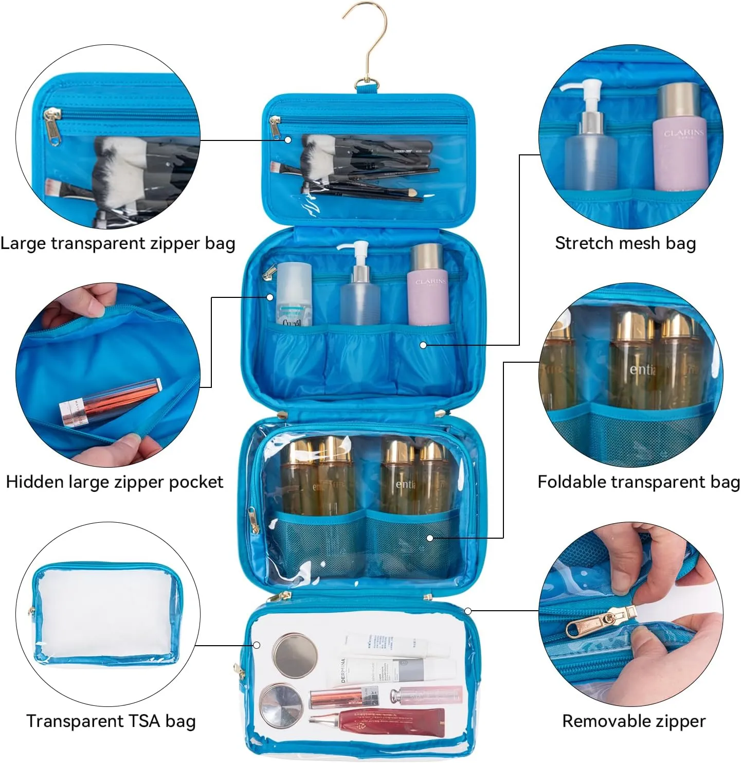 Travel essential, Travel Toiletry Bag, Make-up Bag, Stainless Steel Hook, Water Resistant, Debossed Logo - Pearly Pink, Coral Red, Anemone Green, Urchin Black, Stingray Blue (Stingray Blue)