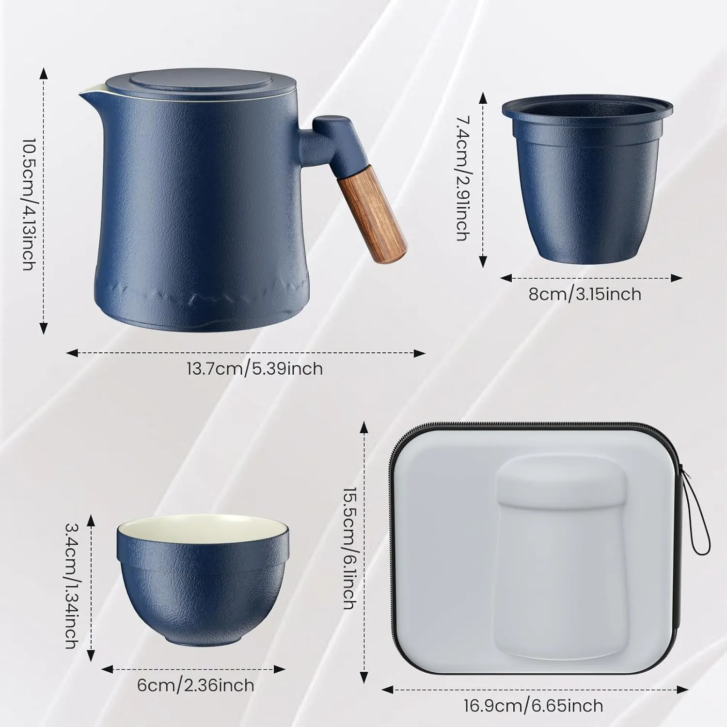 Travel Teapot Set with Carry Case, Travel Tea Mug and Cups with Lid, Portable Ceramic Tea Set All in One Gift Bag for Travel,Home,Gifting,Outdoor and Office (Blue)
