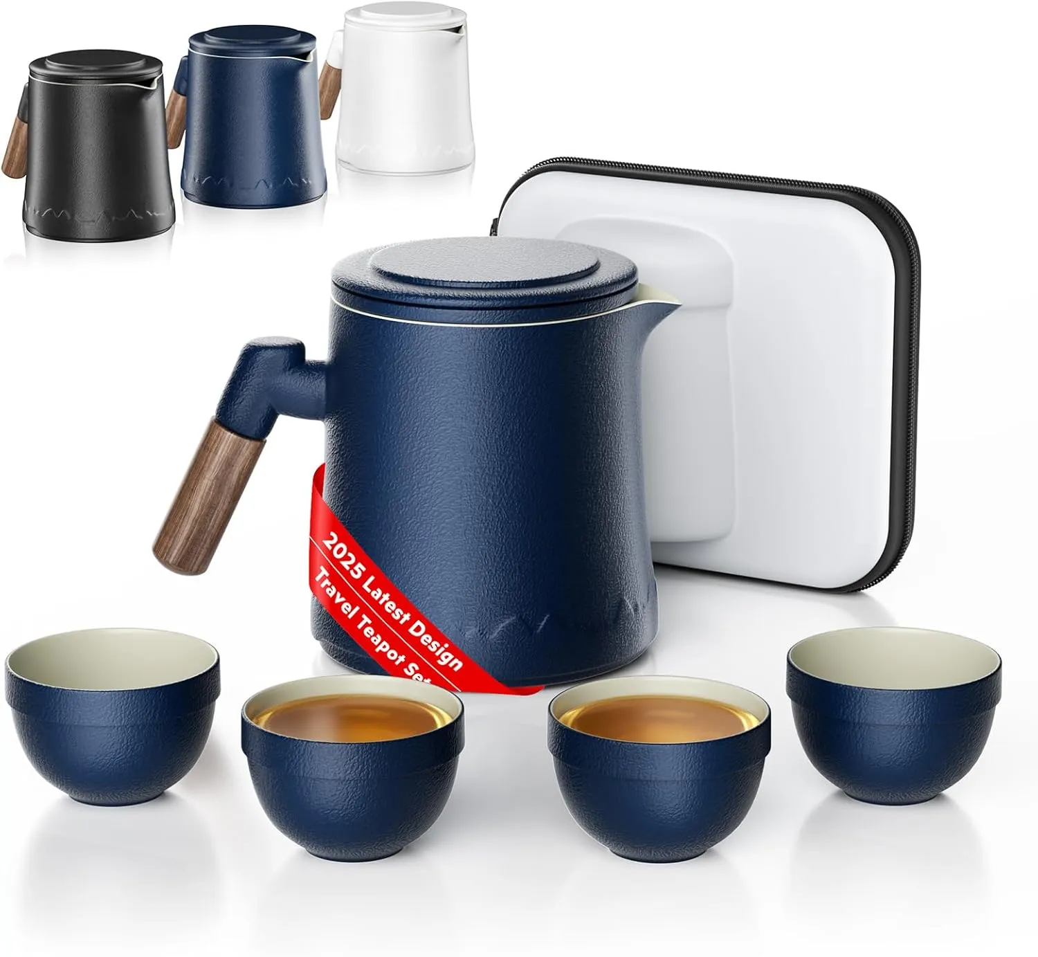Travel Teapot Set with Carry Case, Travel Tea Mug and Cups with Lid, Portable Ceramic Tea Set All in One Gift Bag for Travel,Home,Gifting,Outdoor and Office (Blue)