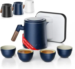 Travel Teapot Set with Carry Case, Travel Tea Mug and Cups with Lid, Portable Ceramic Tea Set All in One Gift Bag for Travel,Home,Gifting,Outdoor and Office (Blue)