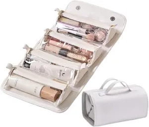 Travel Toiletry Bag, 4 Detachable Clear Compartment, Hanging Makeup Bag 4-in-1 Foldable Cosmetic Bag, Multi Compartment Toiletry Cosmetic Bag, Waterproof Roll Up Cosmetic Bag (White)