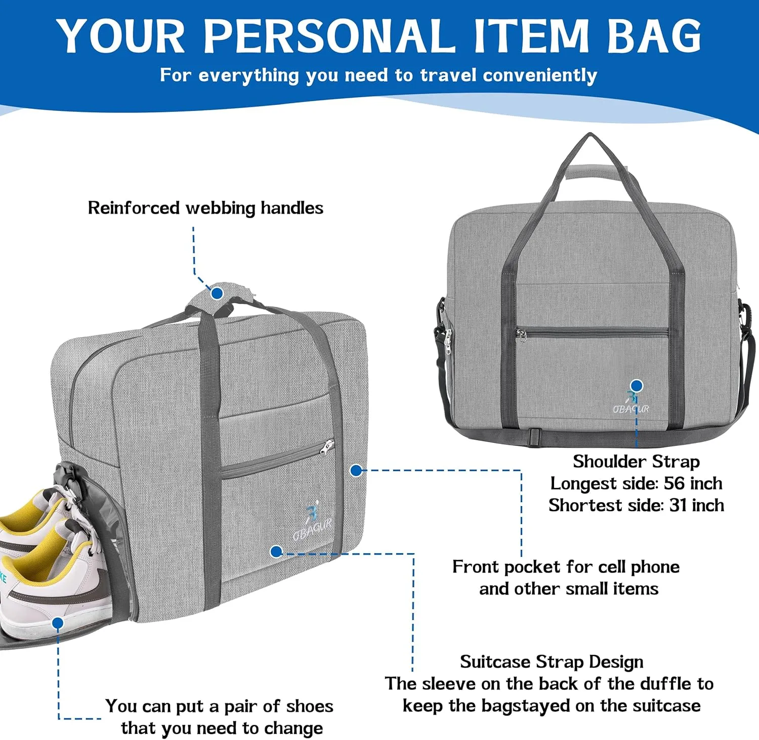 Travel Tote Bag Foldable Travel Duffel Bag For Spirit Airlines Personal Item Bag Weekender Bags for Men Women with Shoe Compartment Carry on Overnight Bag(Snow Gray,20L)