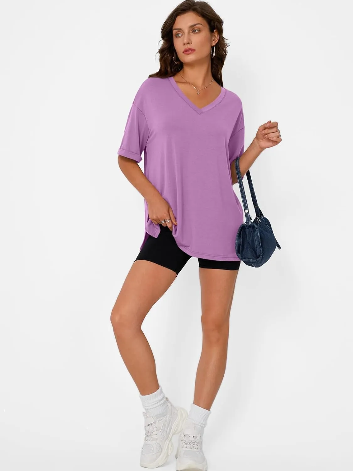 Trendy Queen Oversized Tshirts for Women Workout Plus Size Tops V Neck Short Sleeve Gym Shirts Casual Loose Fit Basic Tees