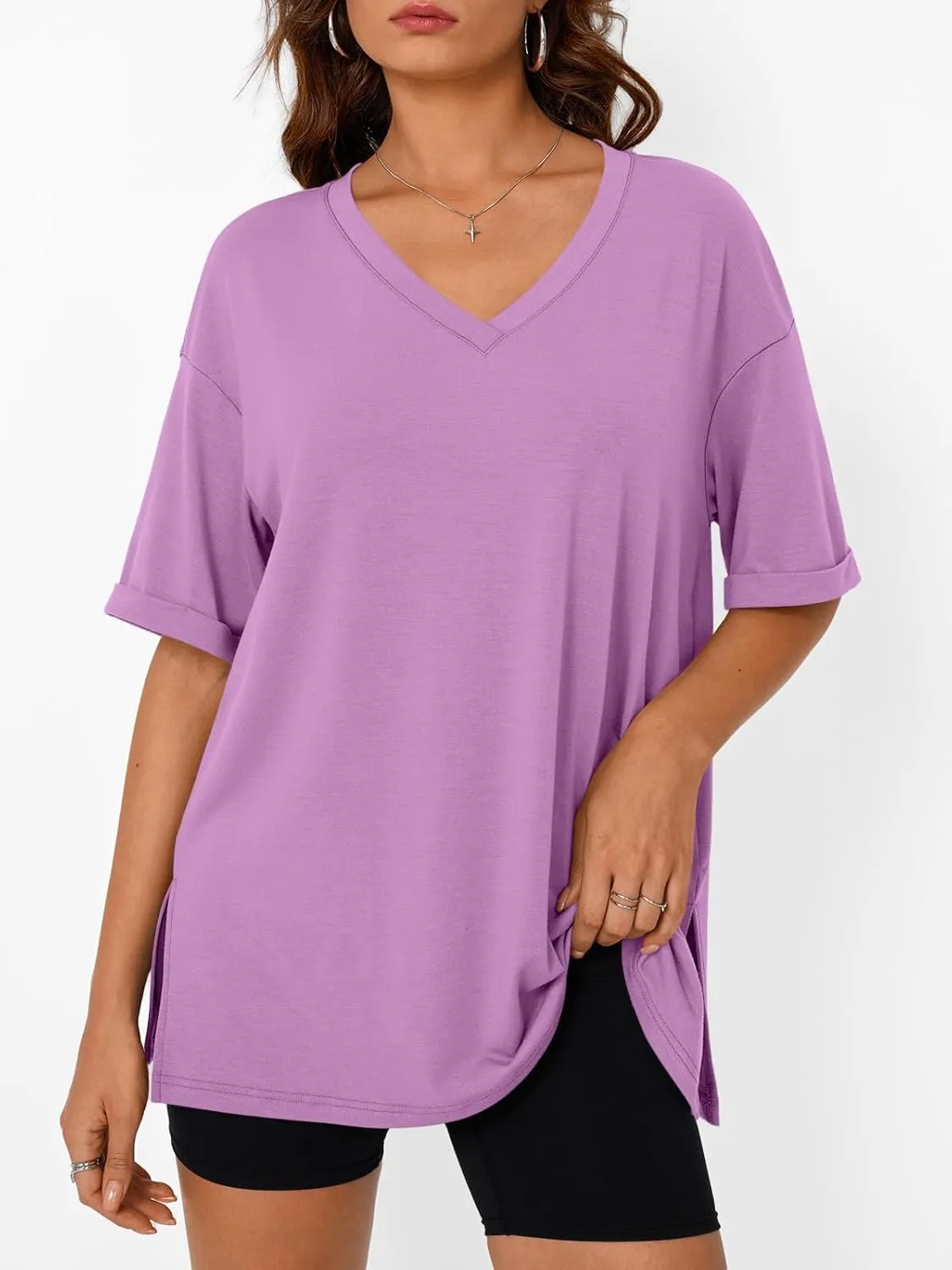 Trendy Queen Oversized Tshirts for Women Workout Plus Size Tops V Neck Short Sleeve Gym Shirts Casual Loose Fit Basic Tees