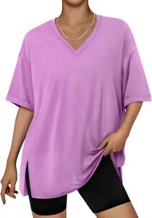 Trendy Queen Oversized Tshirts for Women Workout Plus Size Tops V Neck Short Sleeve Gym Shirts Casual Loose Fit Basic Tees