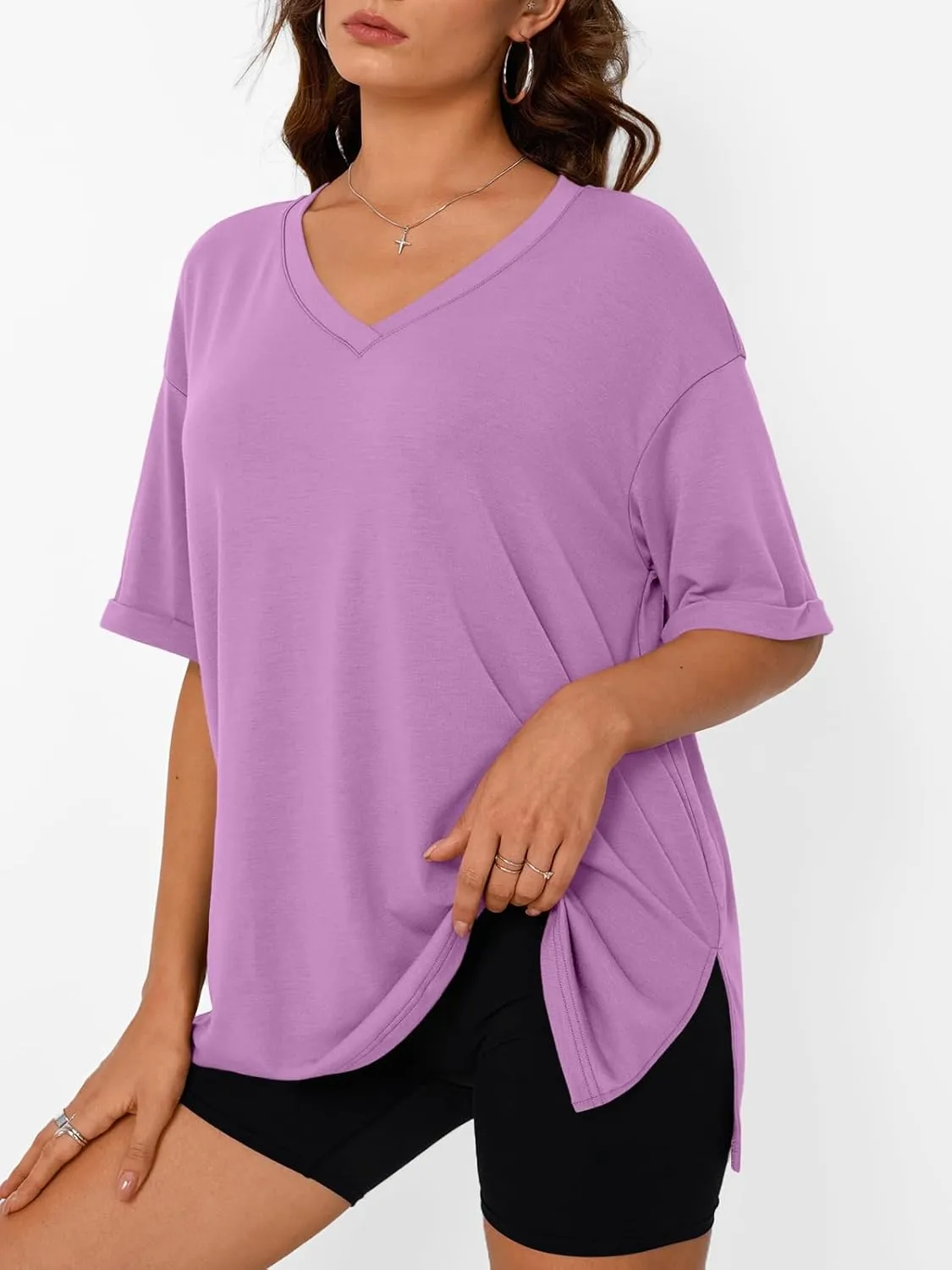 Trendy Queen Oversized Tshirts for Women Workout Plus Size Tops V Neck Short Sleeve Gym Shirts Casual Loose Fit Basic Tees