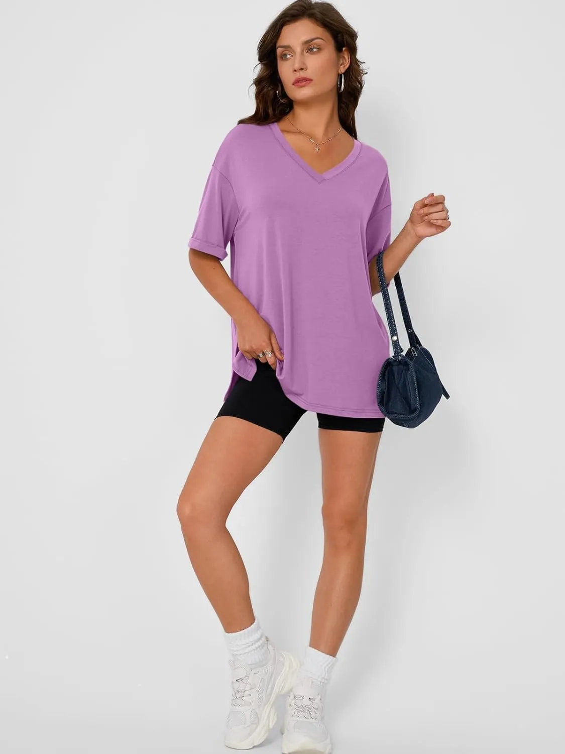 Trendy Queen Oversized Tshirts for Women Workout Plus Size Tops V Neck Short Sleeve Gym Shirts Casual Loose Fit Basic Tees