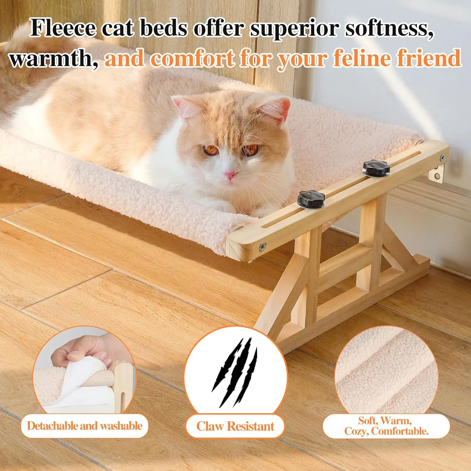 Tresbro 2-in-1 Cat Window Perch & Elevated Cat Hammock, 15.7" W*10.2" H*18.9" L Wooden Frame Pet Bed for Indoor Cats, Easy Setup, Adjustable, No Drilling, Cats Perch for Window, Bedside, Ground