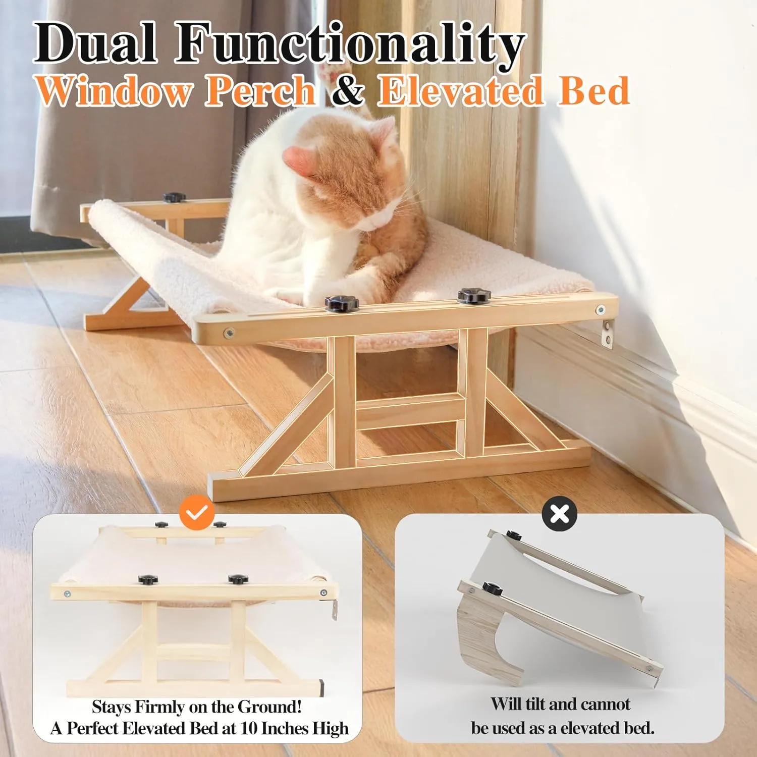 Tresbro 2-in-1 Cat Window Perch & Elevated Cat Hammock, 15.7" W*10.2" H*18.9" L Wooden Frame Pet Bed for Indoor Cats, Easy Setup, Adjustable, No Drilling, Cats Perch for Window, Bedside, Ground