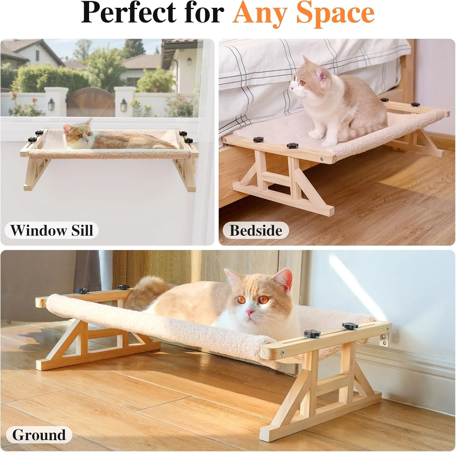 Tresbro 2-in-1 Cat Window Perch & Elevated Cat Hammock, 15.7" W*10.2" H*18.9" L Wooden Frame Pet Bed for Indoor Cats, Easy Setup, Adjustable, No Drilling, Cats Perch for Window, Bedside, Ground