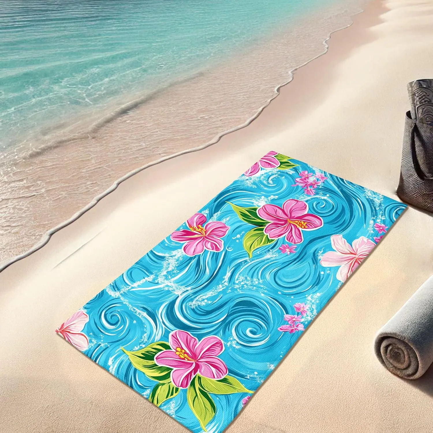 Tropical Floral Microfiber Beach Towel Aqua Blue Hibiscus Pattern Quick Dry Absorbent Sand Free Lightweight Beach Blanket, Travel Essentials Picnic Pool Gym 62x31 Inch