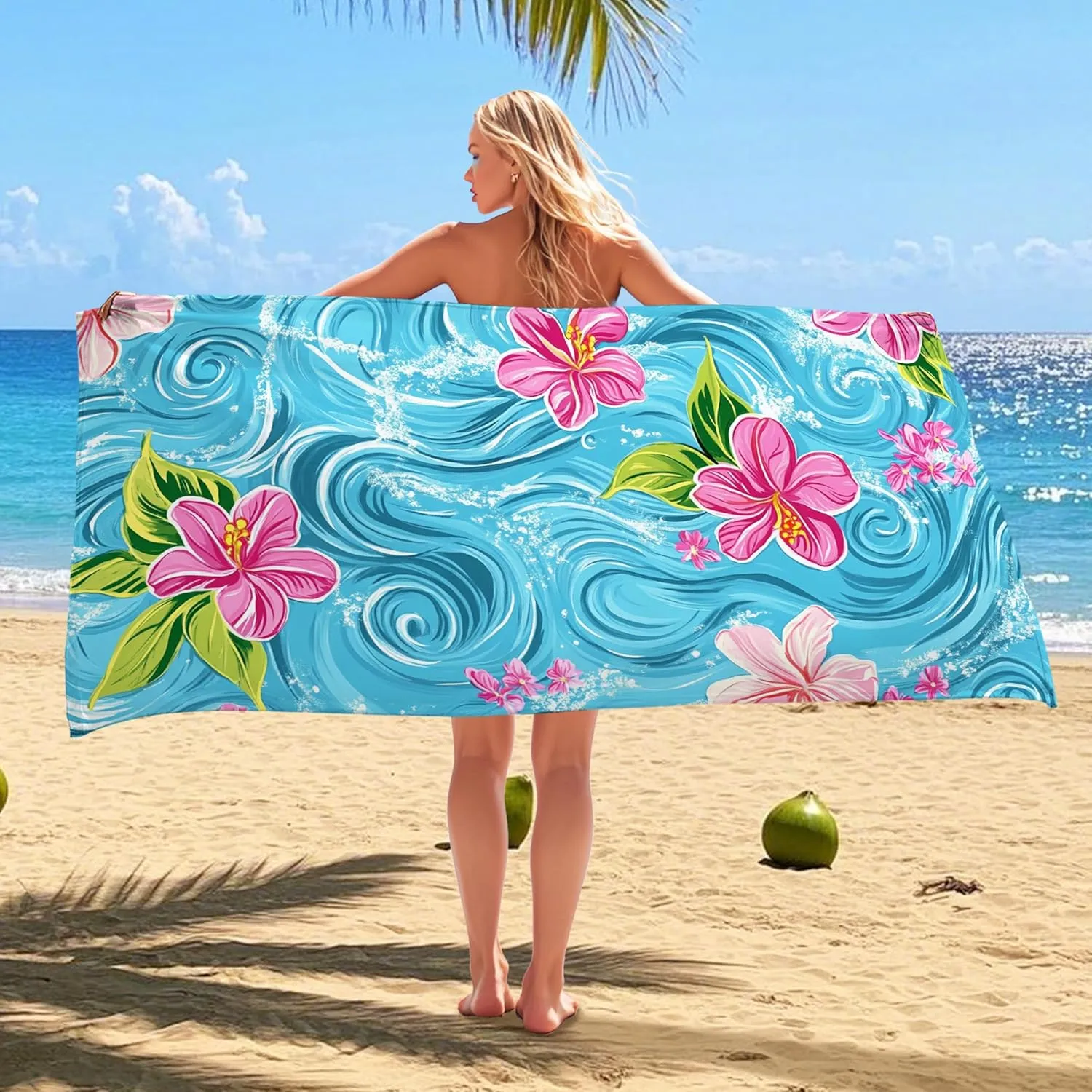 Tropical Floral Microfiber Beach Towel Aqua Blue Hibiscus Pattern Quick Dry Absorbent Sand Free Lightweight Beach Blanket, Travel Essentials Picnic Pool Gym 62x31 Inch