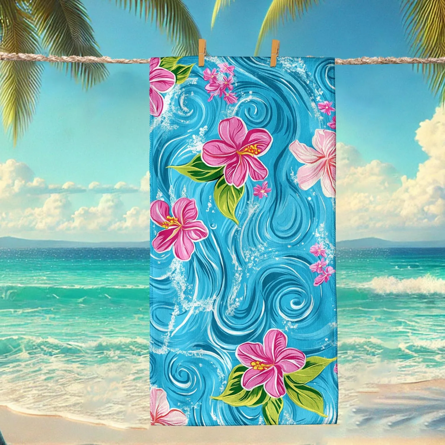 Tropical Floral Microfiber Beach Towel Aqua Blue Hibiscus Pattern Quick Dry Absorbent Sand Free Lightweight Beach Blanket, Travel Essentials Picnic Pool Gym 62x31 Inch