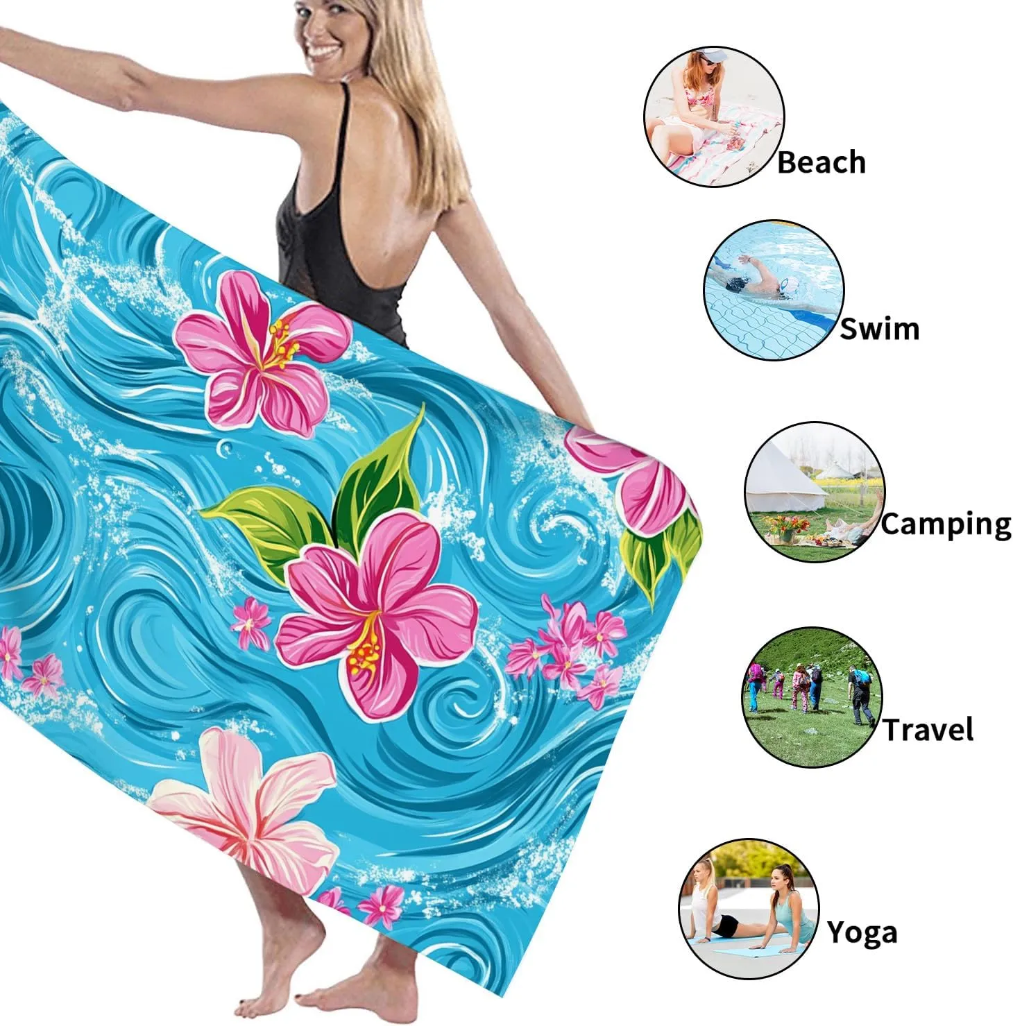 Tropical Floral Microfiber Beach Towel Aqua Blue Hibiscus Pattern Quick Dry Absorbent Sand Free Lightweight Beach Blanket, Travel Essentials Picnic Pool Gym 62x31 Inch
