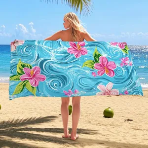 Tropical Floral Microfiber Beach Towel Aqua Blue Hibiscus Pattern Quick Dry Absorbent Sand Free Lightweight Beach Blanket, Travel Essentials Picnic Pool Gym 62x31 Inch