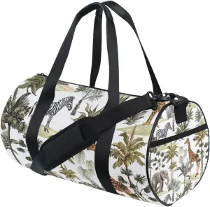 Tropical Hawaiian Palm Trees, Zebra, Giraffe, Elephant, Leopard on White Portable Gym Bag, Travel Bag, Luggage bag, Sports Bag, Toiletry Bag with Handles, Detachable Shoulder Strap 17.6 x 9 x 9 inch