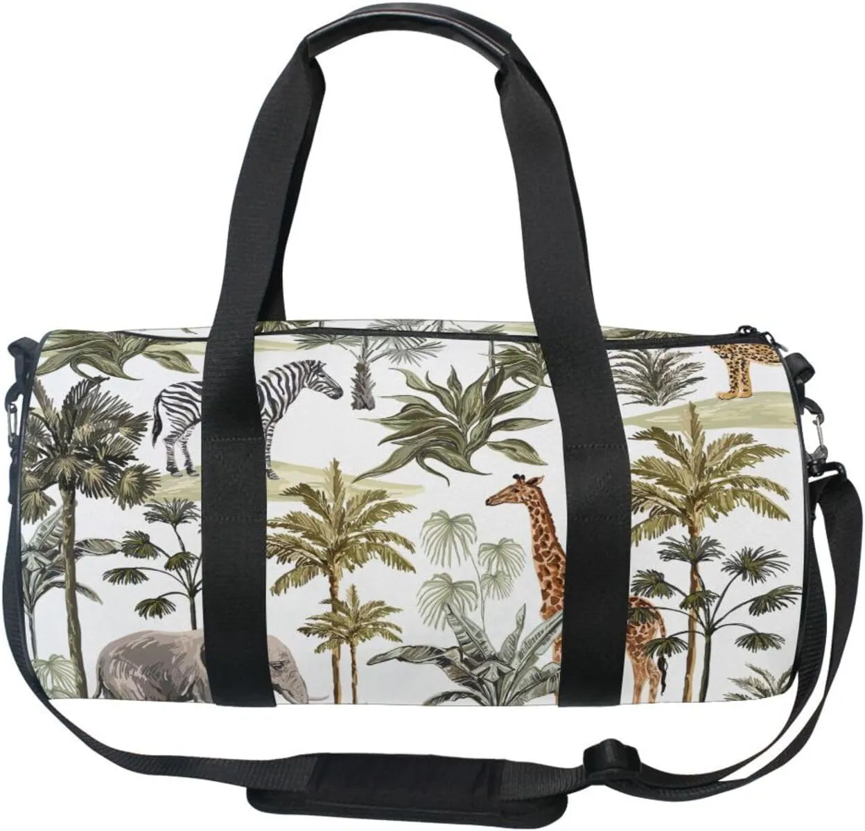 Tropical Hawaiian Palm Trees, Zebra, Giraffe, Elephant, Leopard on White Portable Gym Bag, Travel Bag, Luggage bag, Sports Bag, Toiletry Bag with Handles, Detachable Shoulder Strap 17.6 x 9 x 9 inch