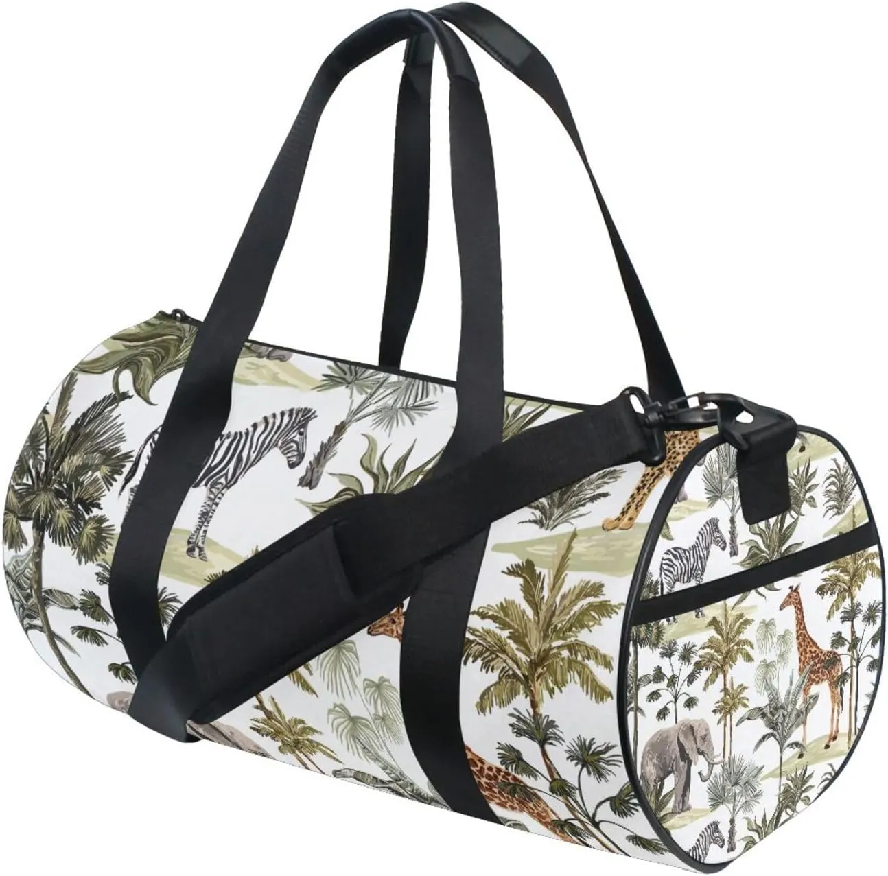 Tropical Hawaiian Palm Trees, Zebra, Giraffe, Elephant, Leopard on White Portable Gym Bag, Travel Bag, Luggage bag, Sports Bag, Toiletry Bag with Handles, Detachable Shoulder Strap 17.6 x 9 x 9 inch