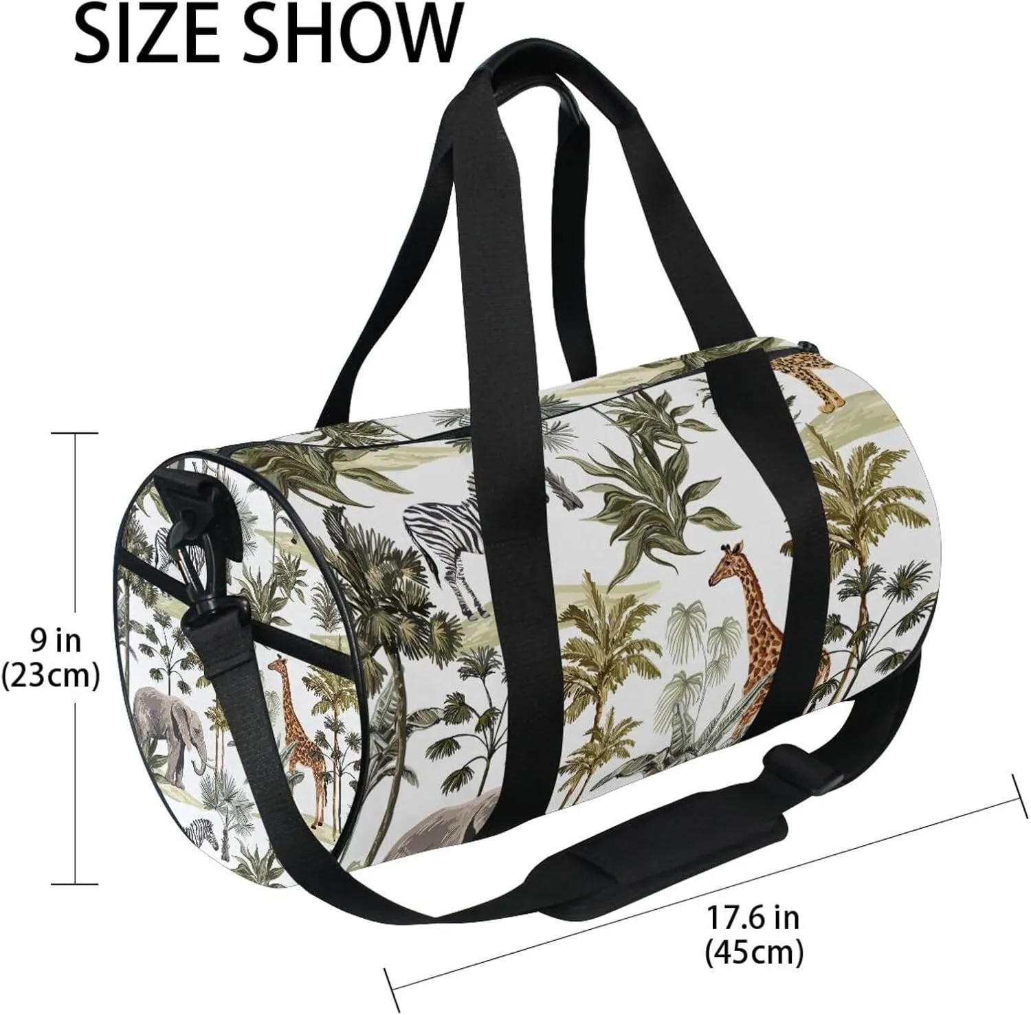 Tropical Hawaiian Palm Trees, Zebra, Giraffe, Elephant, Leopard on White Portable Gym Bag, Travel Bag, Luggage bag, Sports Bag, Toiletry Bag with Handles, Detachable Shoulder Strap 17.6 x 9 x 9 inch
