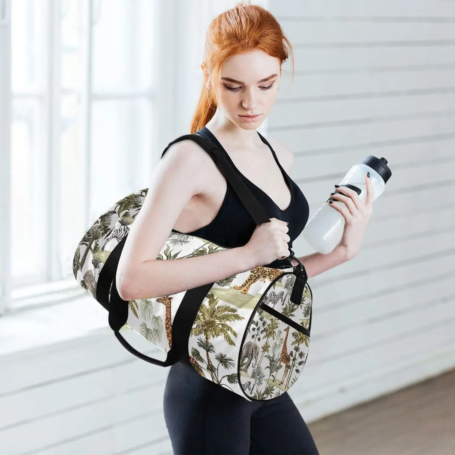 Tropical Hawaiian Palm Trees, Zebra, Giraffe, Elephant, Leopard on White Portable Gym Bag, Travel Bag, Luggage bag, Sports Bag, Toiletry Bag with Handles, Detachable Shoulder Strap 17.6 x 9 x 9 inch